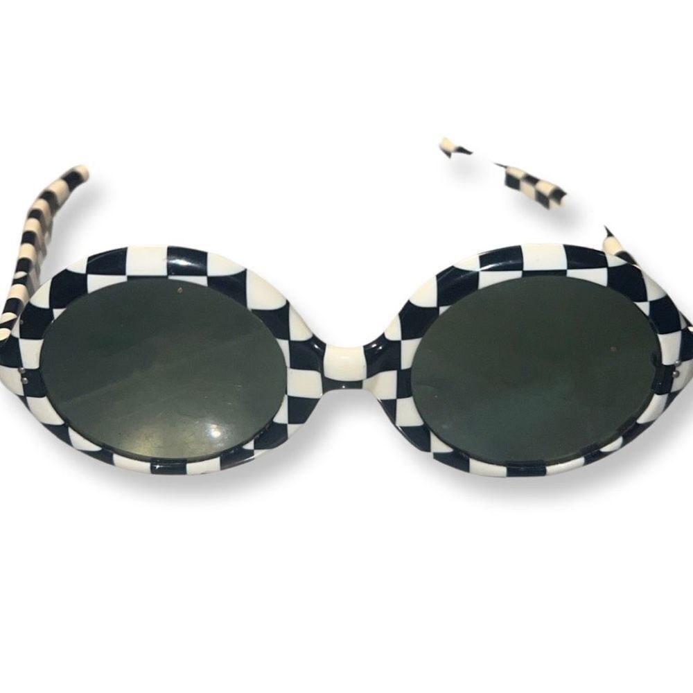 Vintage French Round Big Black & White Checkered Sunnies Sunglasses Frames Logo